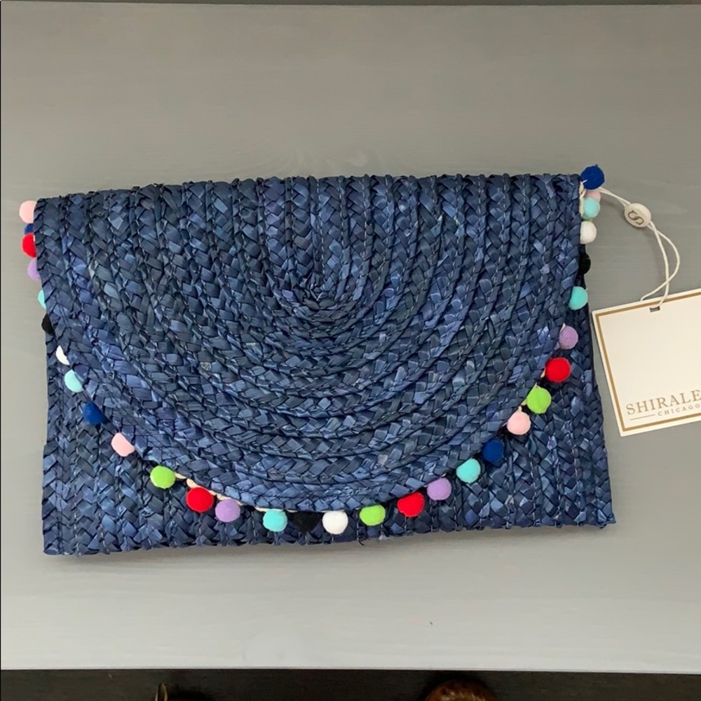 Navy Raffia Pom Pom Clutch